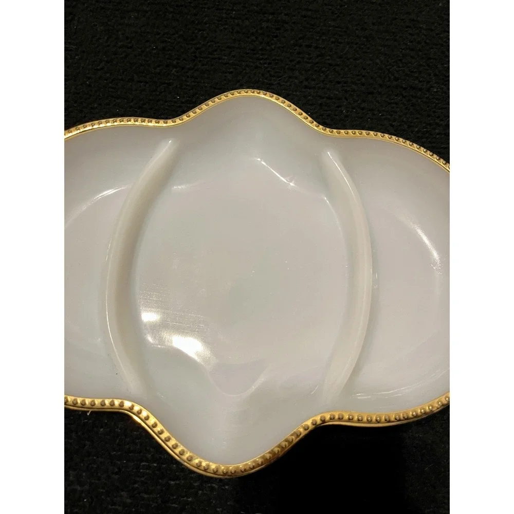 Fire King Milk Glass‎ 3 Section Divided Relish Serving Dish Gold Beaded Edge